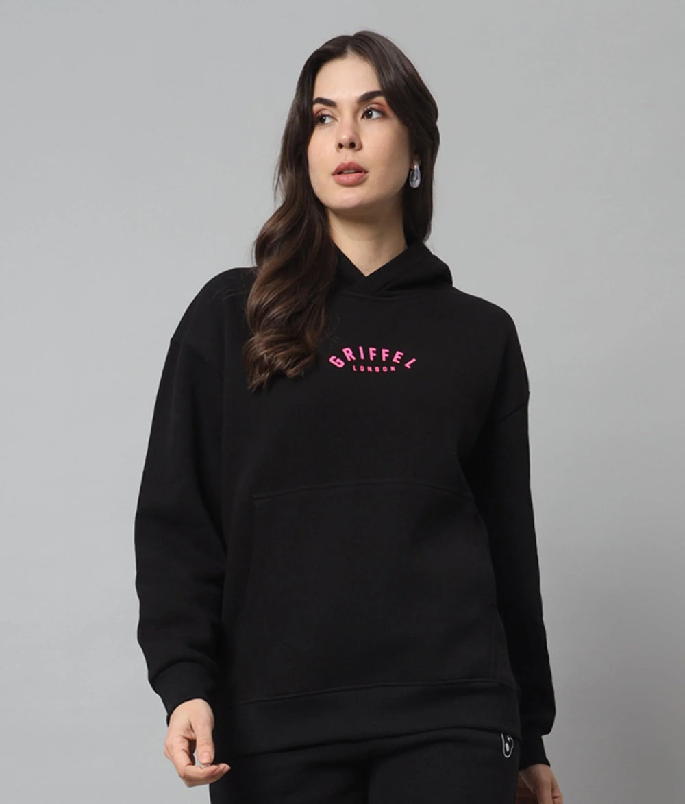 Griffel Women Oversized Fit Black GRIFFEL Back Print Cotton Fleece Front Logo Fleece Hoodie Sweatshirt with Full Sleeve - griffel