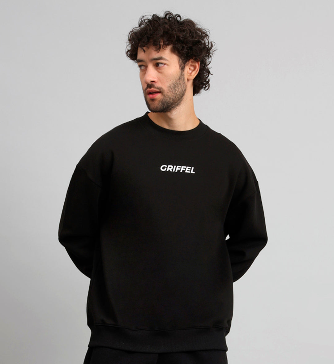 Griffel Men's Black Fron Logo Oversized Round Neck 100% Cotton Fleece Sweatshirt - griffel