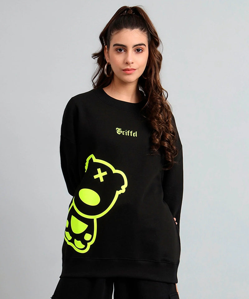 Griffel Women's Black Teddy Print Oversized Round Neck 100% Cotton Fleece Sweatshirt - griffel