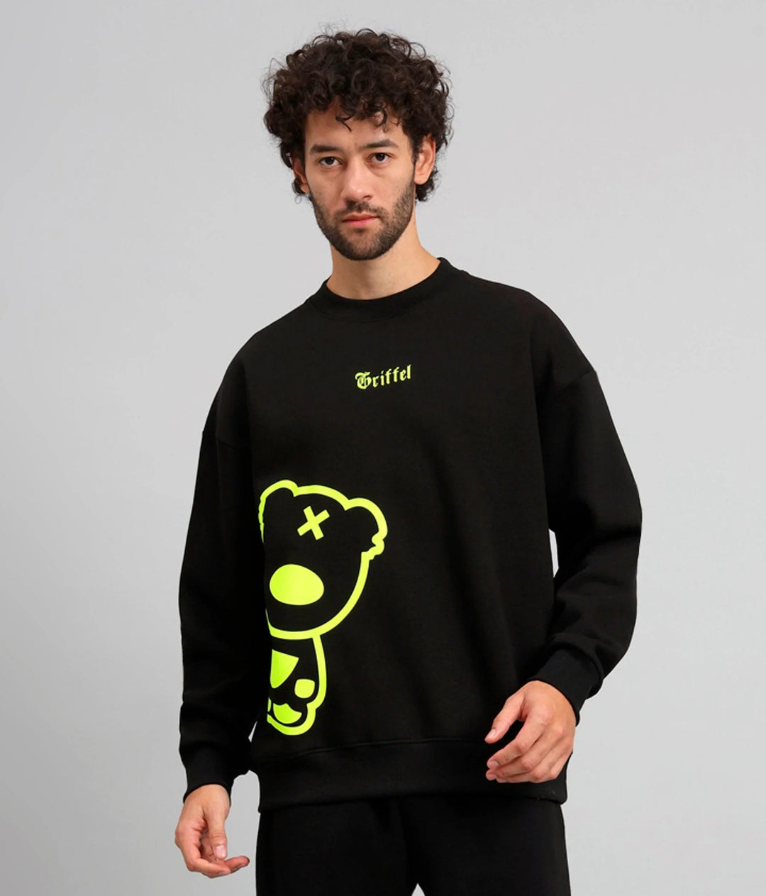 Griffel Men's Black Teddy Print Oversized Round Neck 100% Cotton Fleece Sweatshirt - griffel