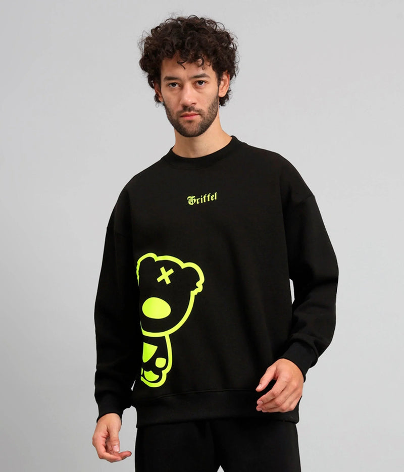 Griffel Men's Black Teddy Print Oversized Round Neck 100% Cotton Fleece Sweatshirt - griffel