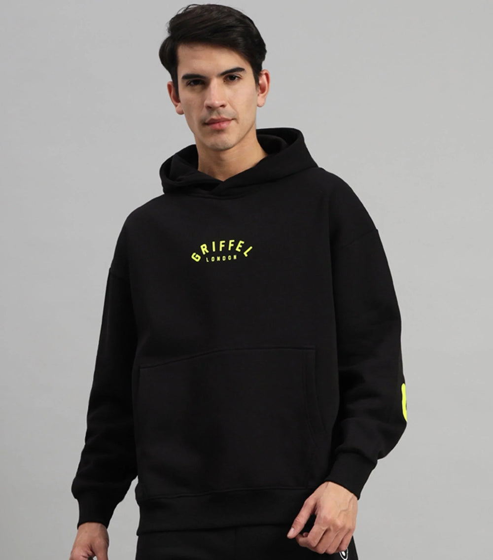 Griffel Men's Black Front Logo Back Full GRIFFEL Print Oversized Fleece Hoodie Sweatshirt - griffel
