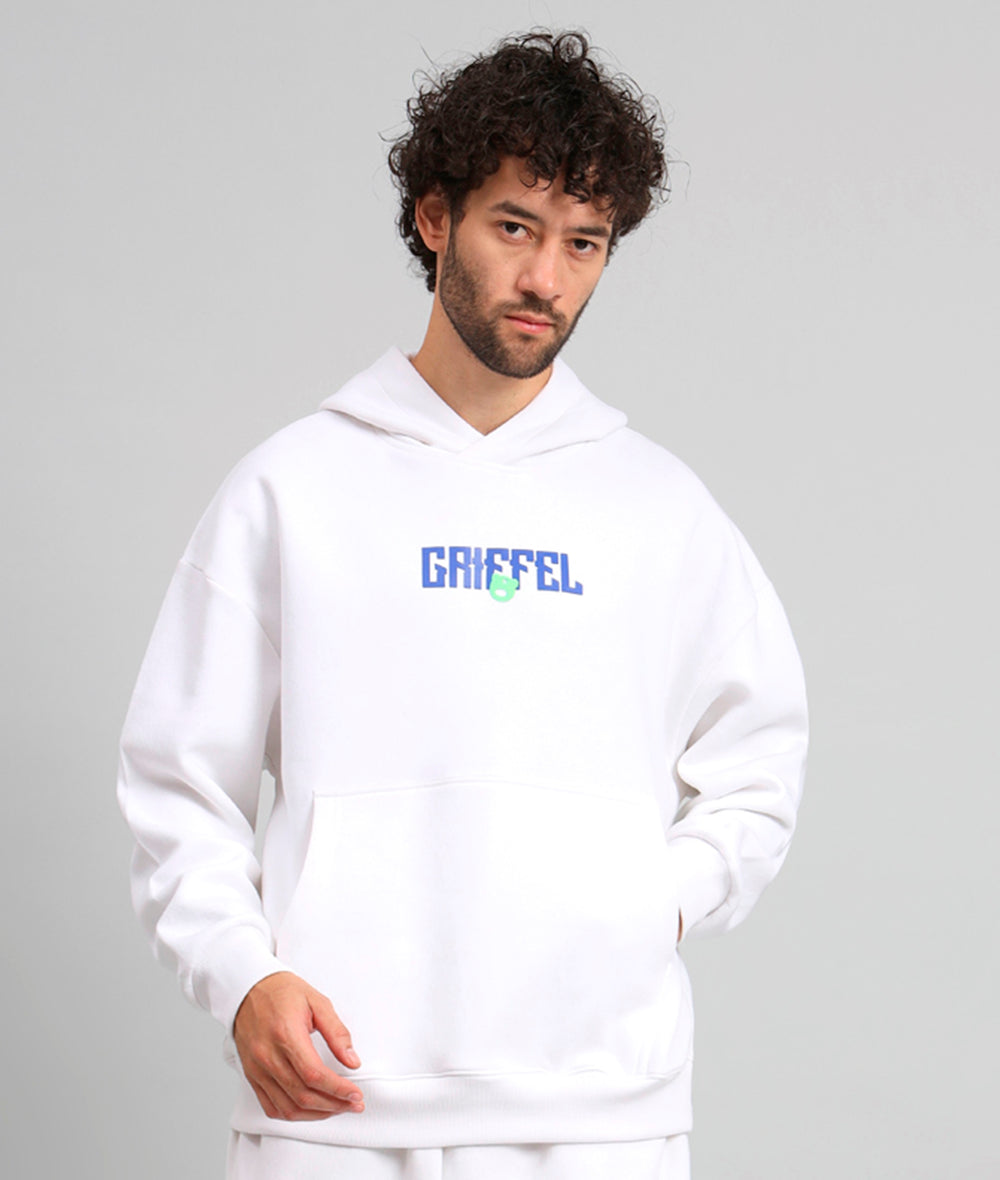 Griffel Men's White New Era Print Front Logo Oversized Fleece Hoodie Sweatshirt - griffel