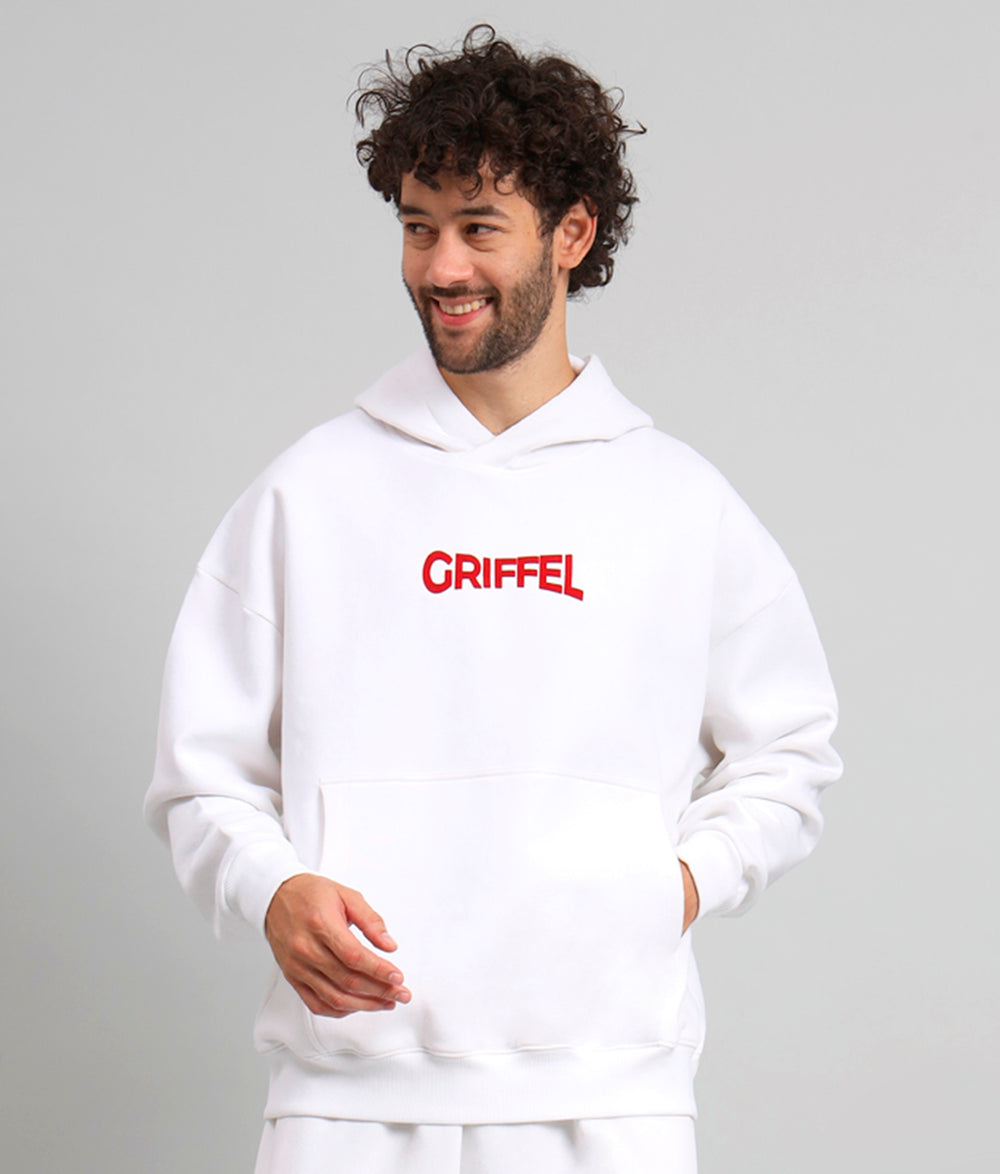 Griffel Men's White SNAKE Print Front Logo Oversized Fleece Hoodie Sweatshirt - griffel
