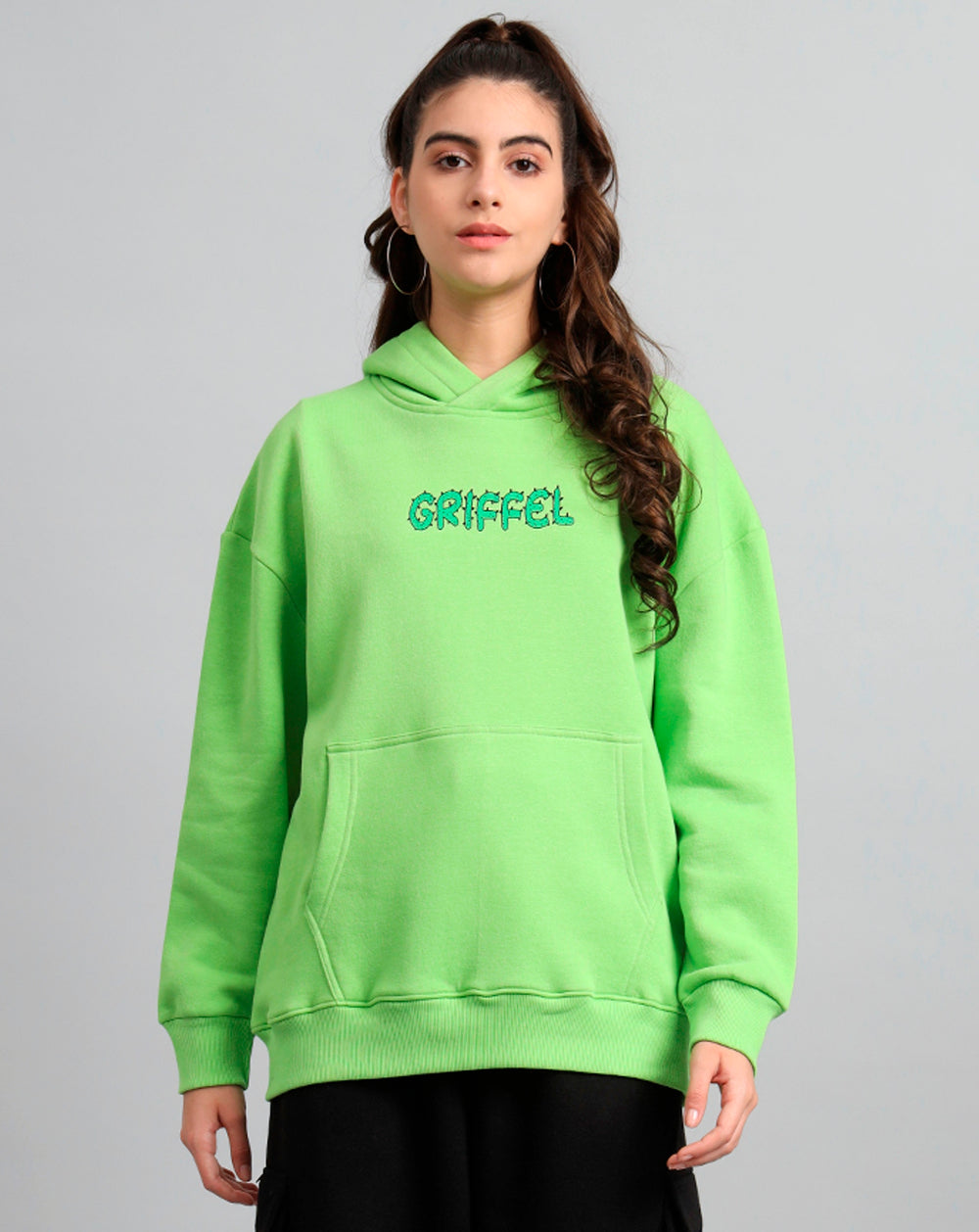 Griffel Women's Parrot Cactus Print Front Logo Oversized Fleece Hoodie Sweatshirt - griffel