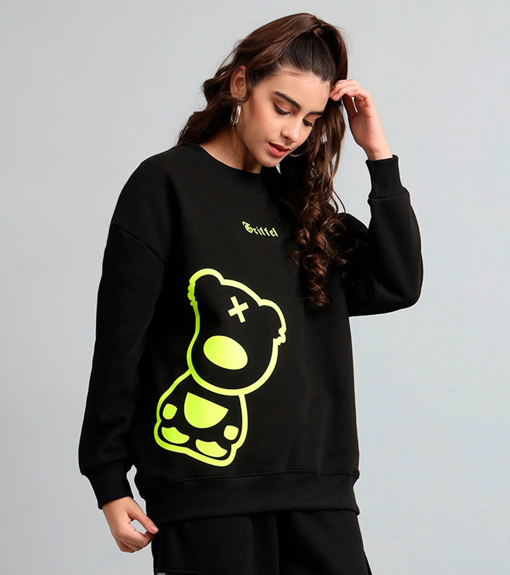 Griffel Women's Black Teddy Print Oversized Round Neck 100% Cotton Fleece Sweatshirt - griffel