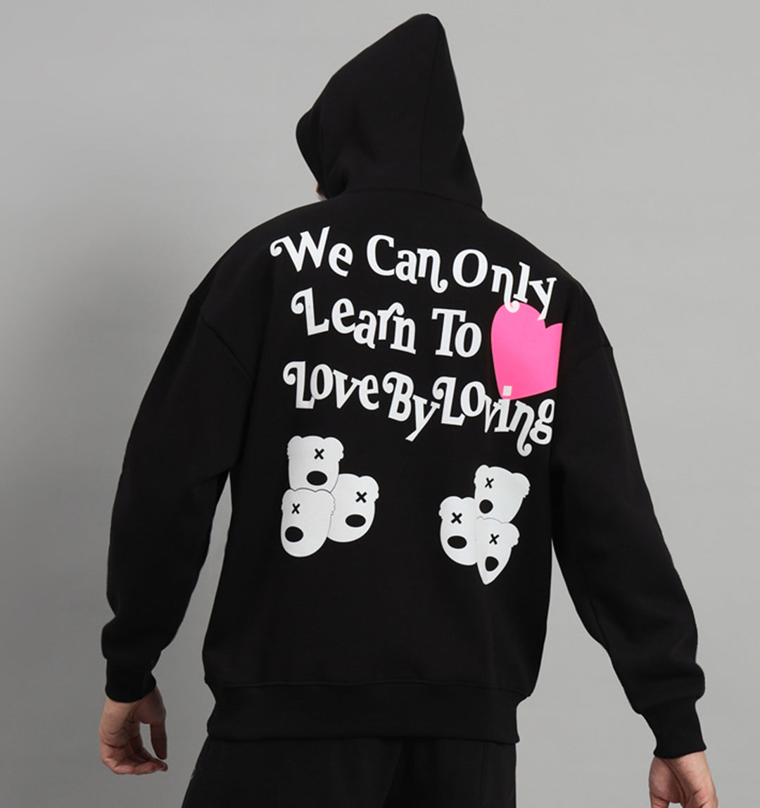Griffel Men's Black Front Logo Back WE CAN ONLY LEARN TO LOVE BY LOVING Print Oversized Fleece Hoodie Sweatshirt - griffel