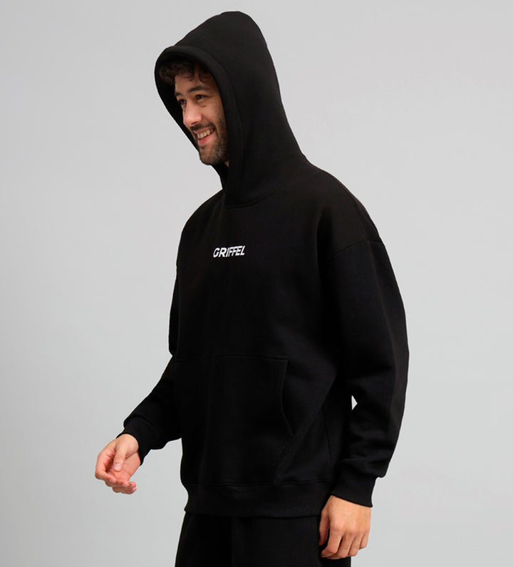 Griffel Men's Black Front Logo Oversized Fleece Hoodie Sweatshirt - griffel
