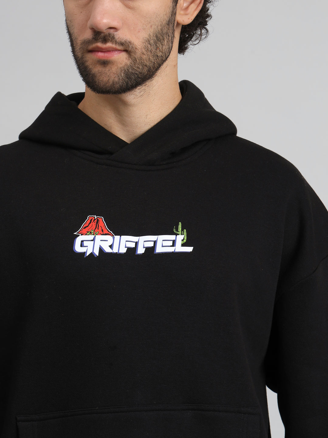 Griffel Men's Black Fireball Oversized Fleece Hoodie Sweatshirt - griffel