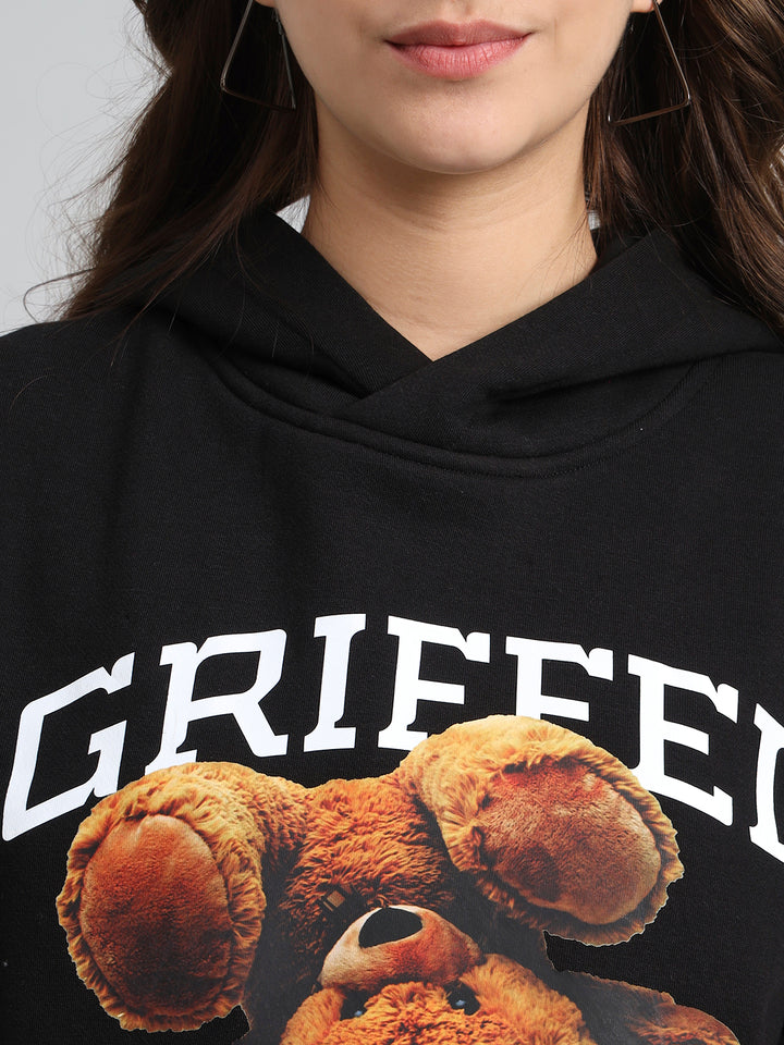Griffel Women's Black Bear Print Regular Fit 100% Cotton Fleece Hoodie Sweatshirt - griffel