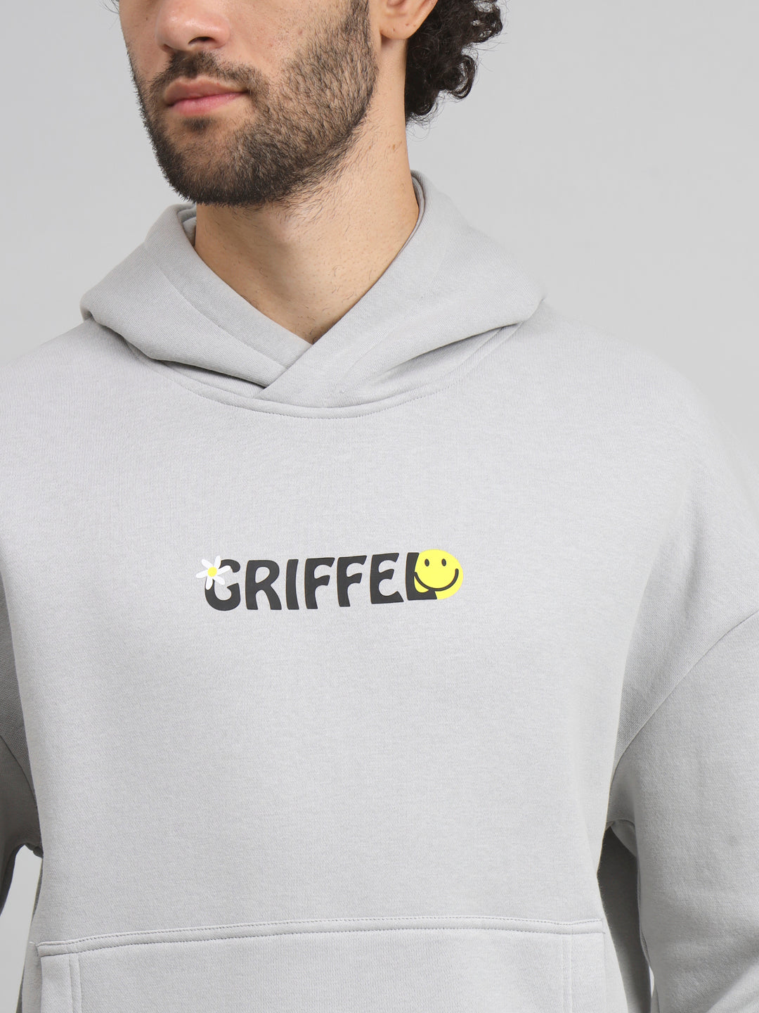 Griffel Men's Steel Grey Chill Vibe Print Front Logo Oversized Fleece Hoodie Sweatshirt - griffel