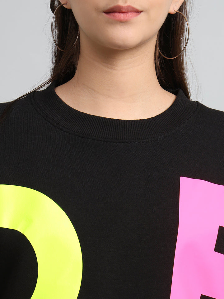 Griffel Women's Black GFL09 Print Oversized Round Neck 100% Cotton Fleece Sweatshirt - griffel
