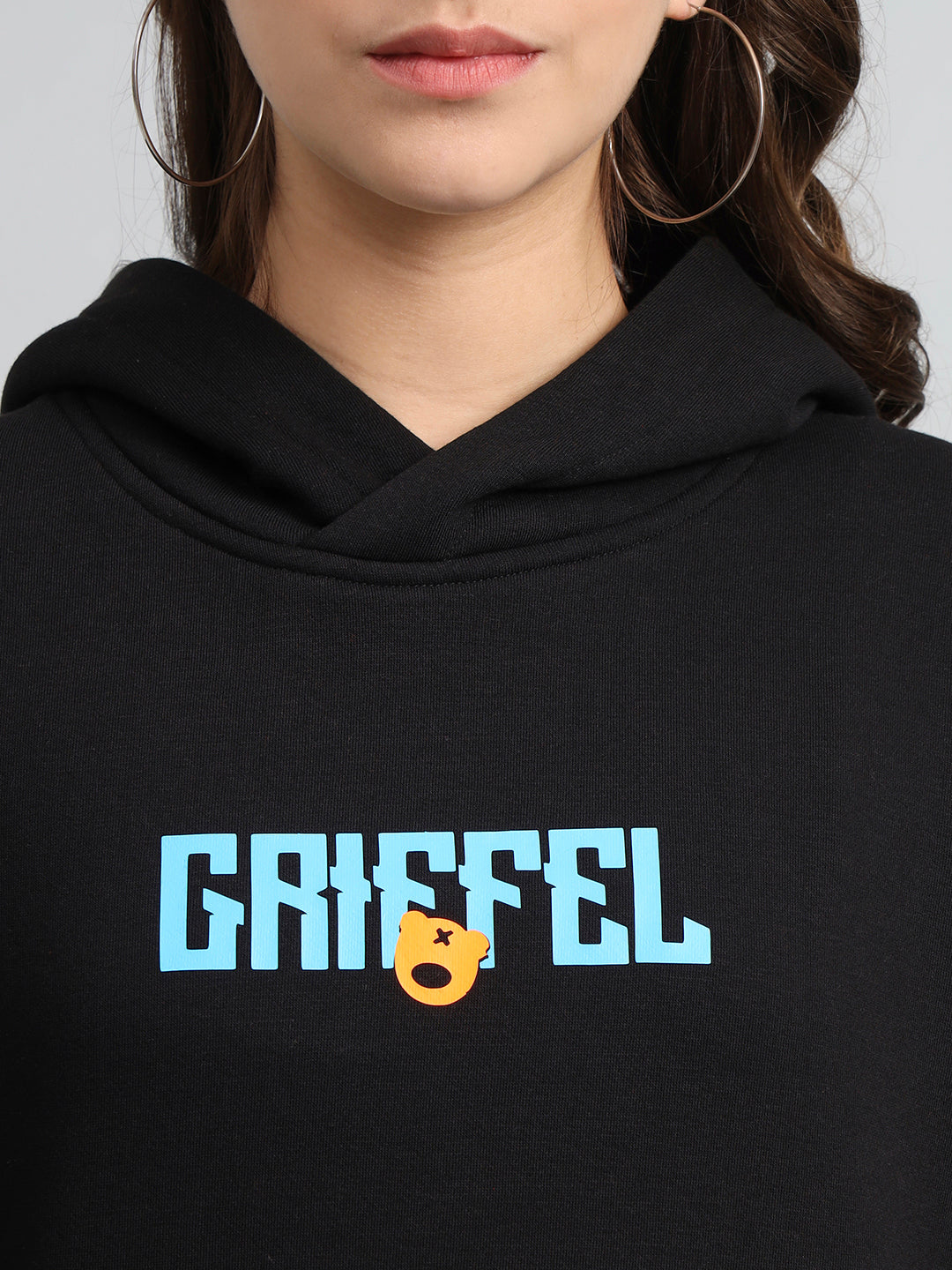 Griffel Women's Black New Era Print Front Logo Oversized Fleece Hoodie Sweatshirt - griffel