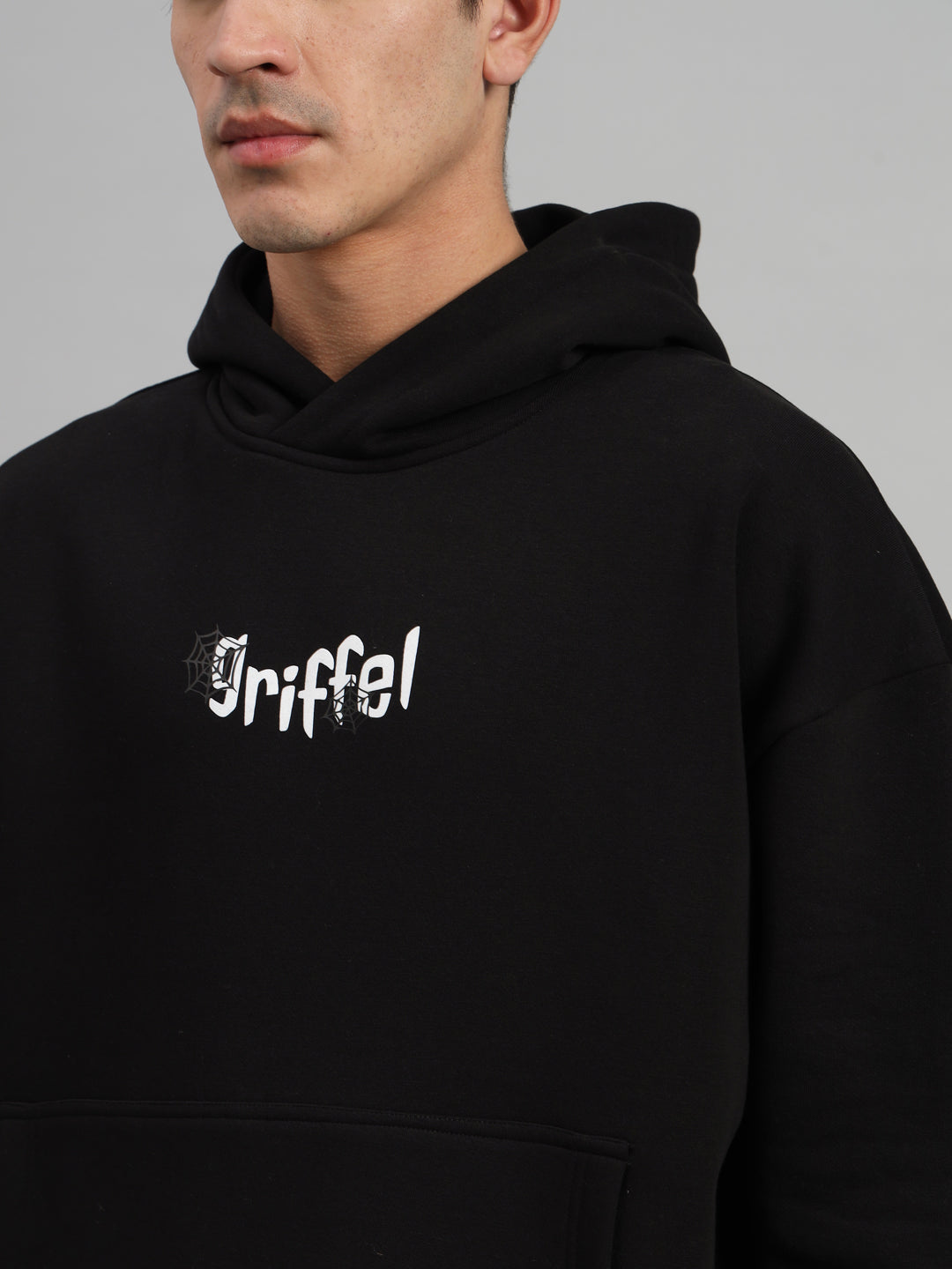 Griffel Men's Black Front Logo Back Spider Print Oversized Fleece Hoodie Sweatshirt - griffel