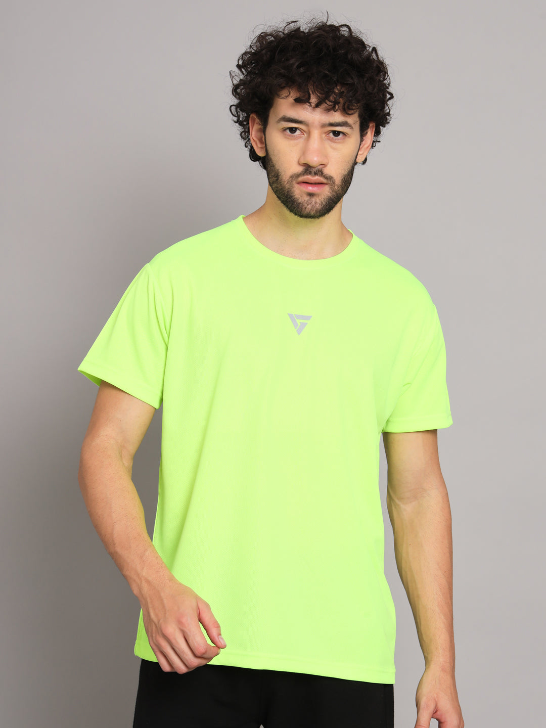 GRIFFEL Men Polyester Neon Green Active Wear Half Sleeve Grey Tee's - griffel