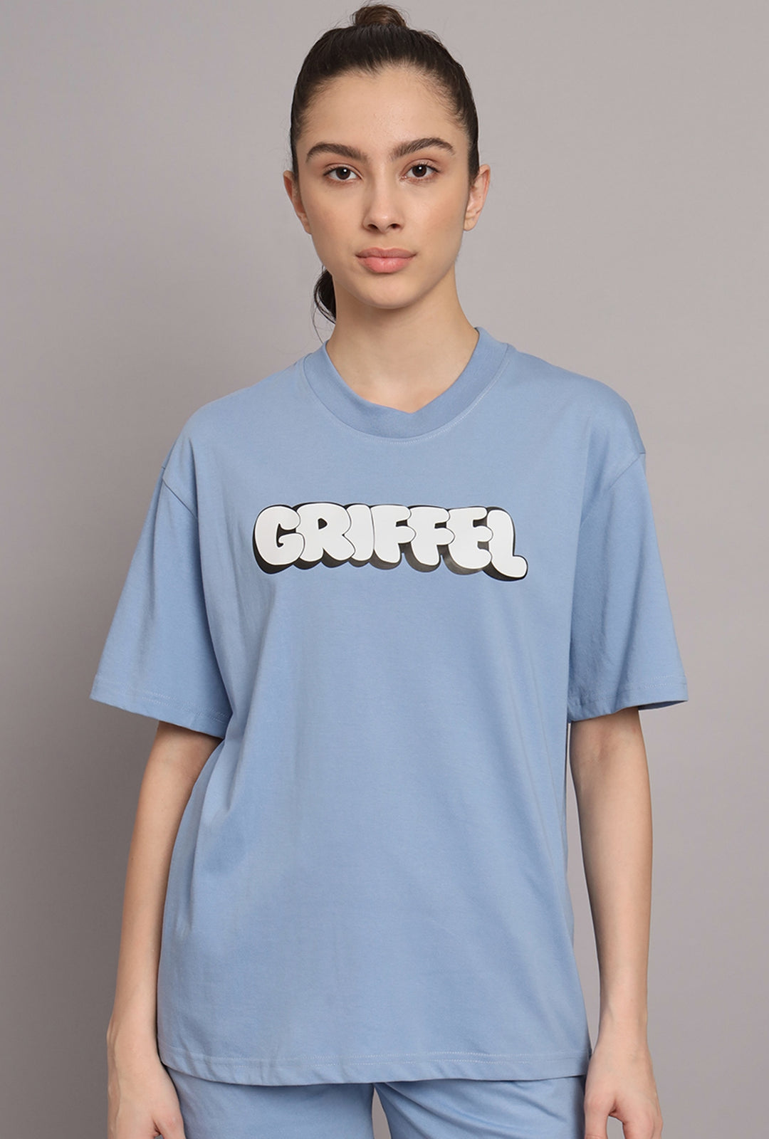 GRIFFEL Women Printed Loose fit Sky Blue T-shirt - griffel
