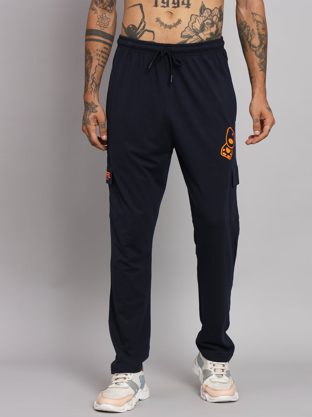GRIFFEL Men Cotton Matty Front Logo Navy Teddy Printed Trackpants - griffel