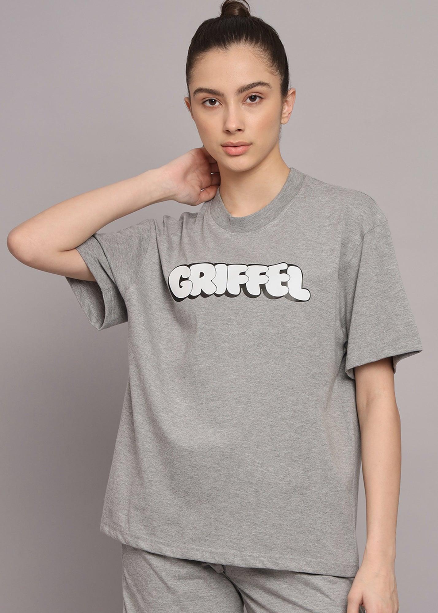 GRIFFEL Women Printed Loose fit Grey T-shirt - griffel