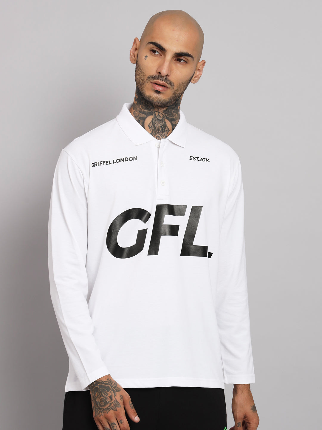 GRIFFEL Men's White GFL Printed Cotton Full Sleeve Polo T-shirt - griffel