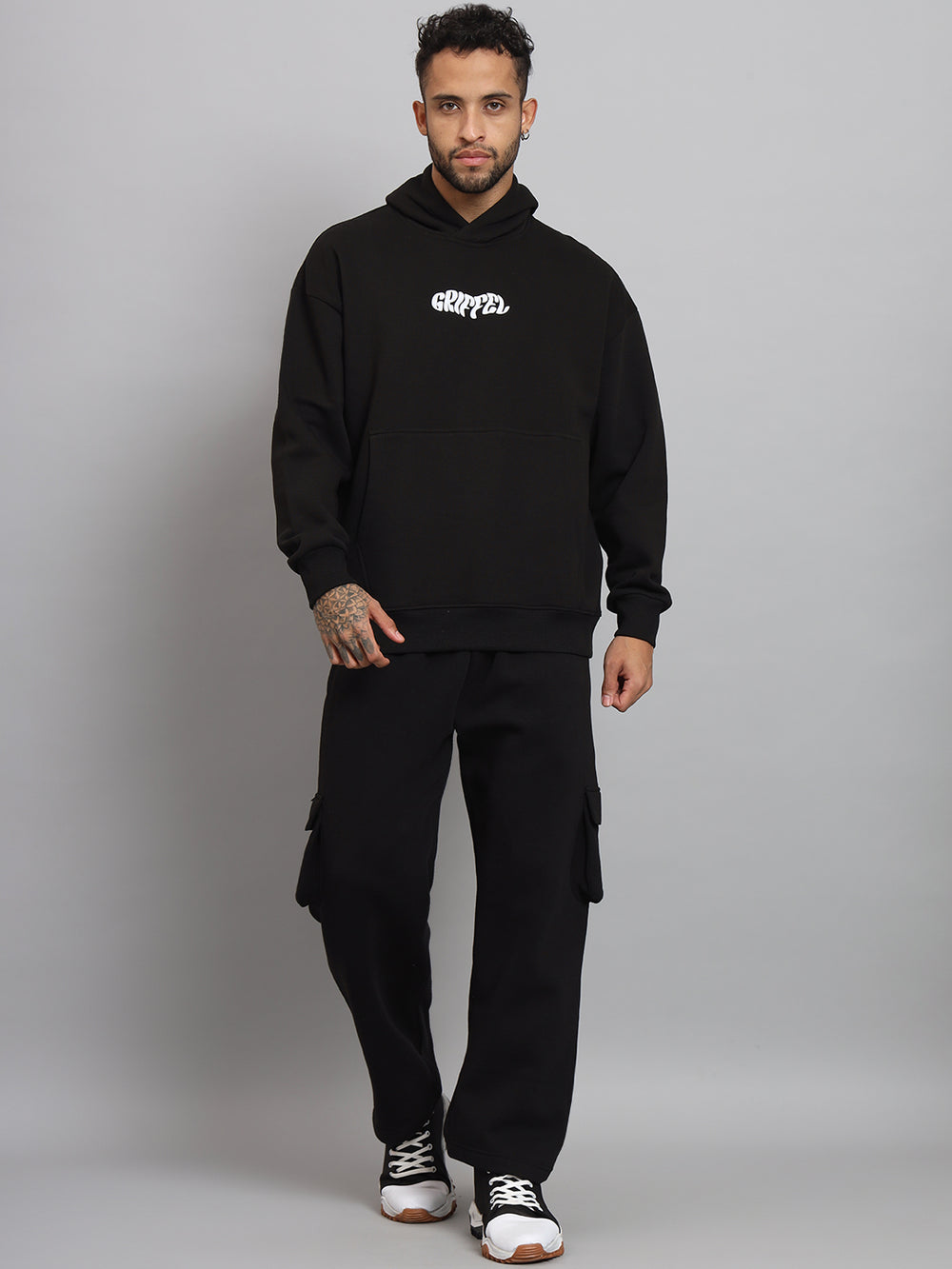 Griffel Men Oversized Fit Absent Minded Print 100% Cotton Black Fleece Hoodie and trackpant - griffel