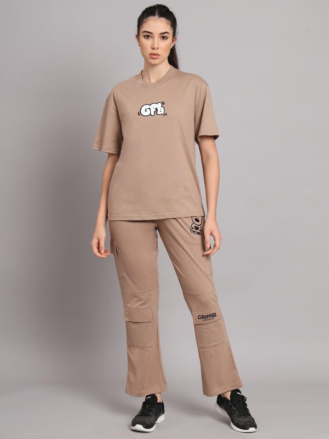 GRIFFEL Women Printed Loose fit Camel T-shirt and Bell Bottom Trackpant Set - griffel