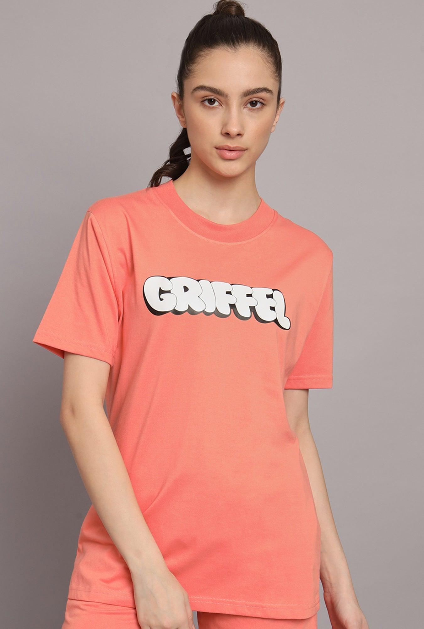 GRIFFEL Women Printed Loose fit Peach T-shirt - griffel