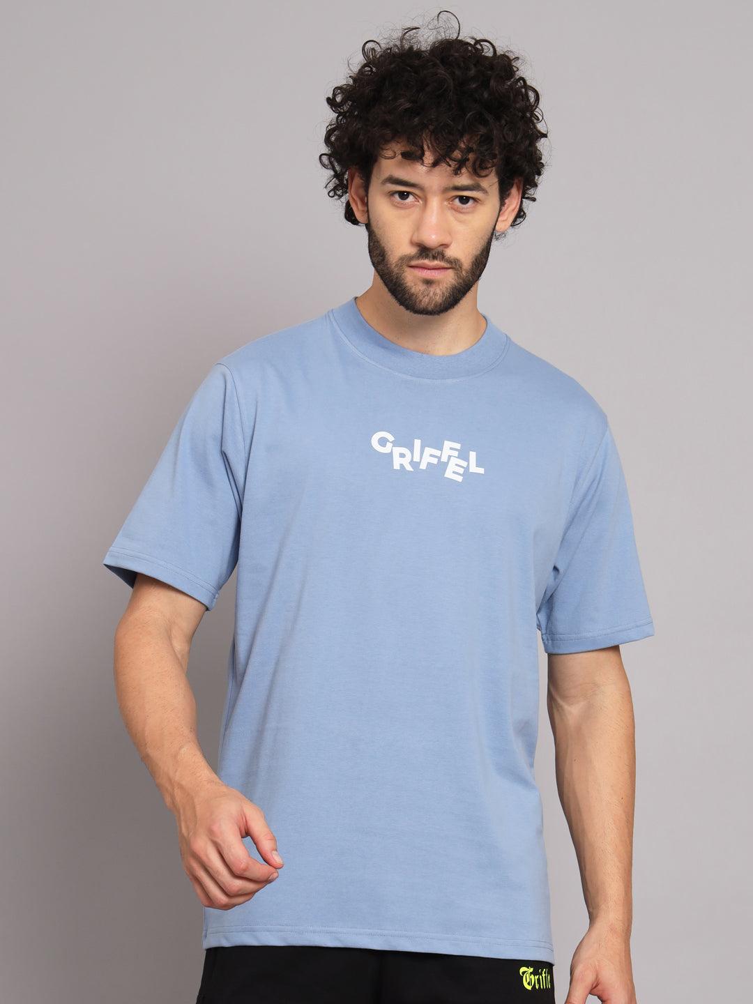 GRIFFEL Men Printed Sky Blue Loose fit T-shirt - griffel