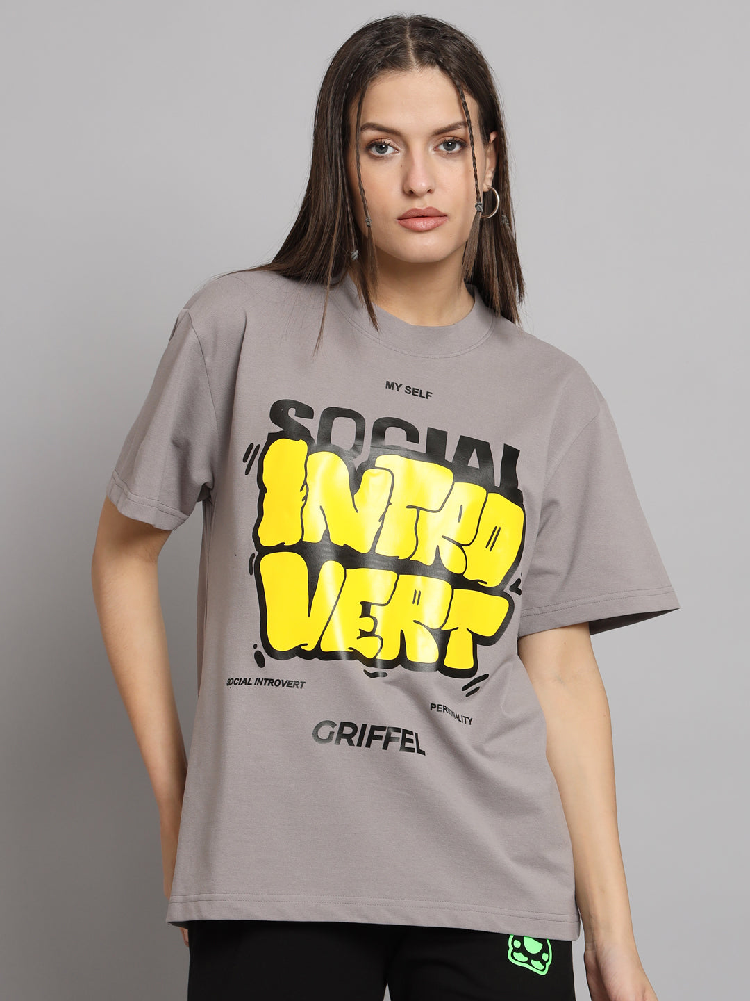 GRIFFEL Women SOCIAL INTROVERT Printed Loose fit Steel Grey T-shirt - griffel