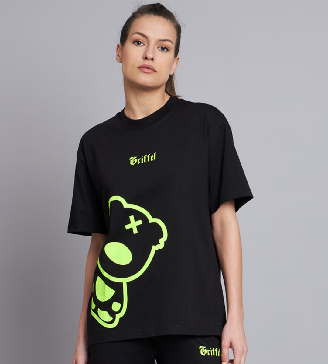 GRIFFEL Women Printed Neon Teddy Oversized Black T-shirt - griffel