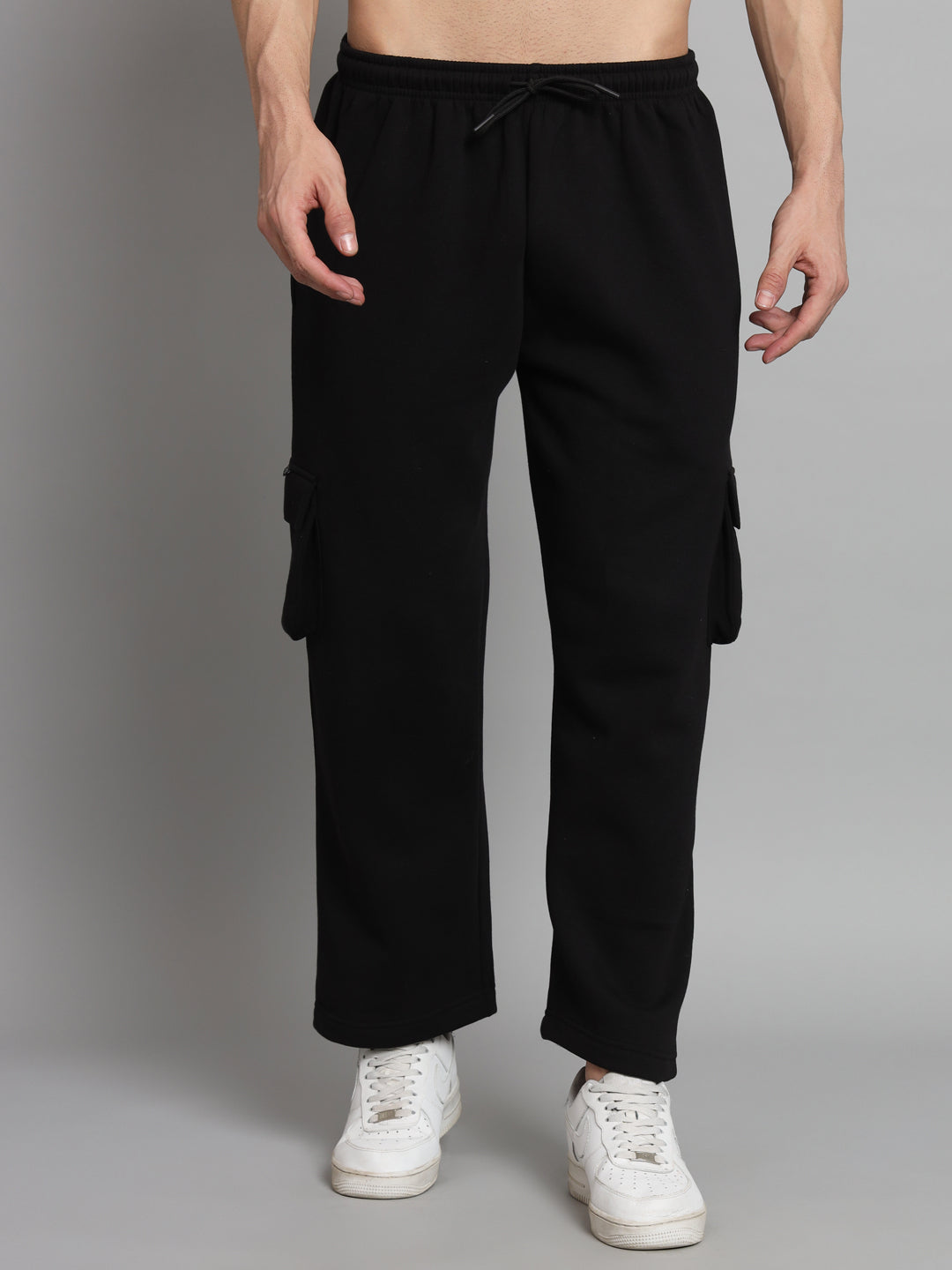 GRIFFEL Men Oversized Fit Fleece 5 Pocket Front Logo Black Trackpants - griffel
