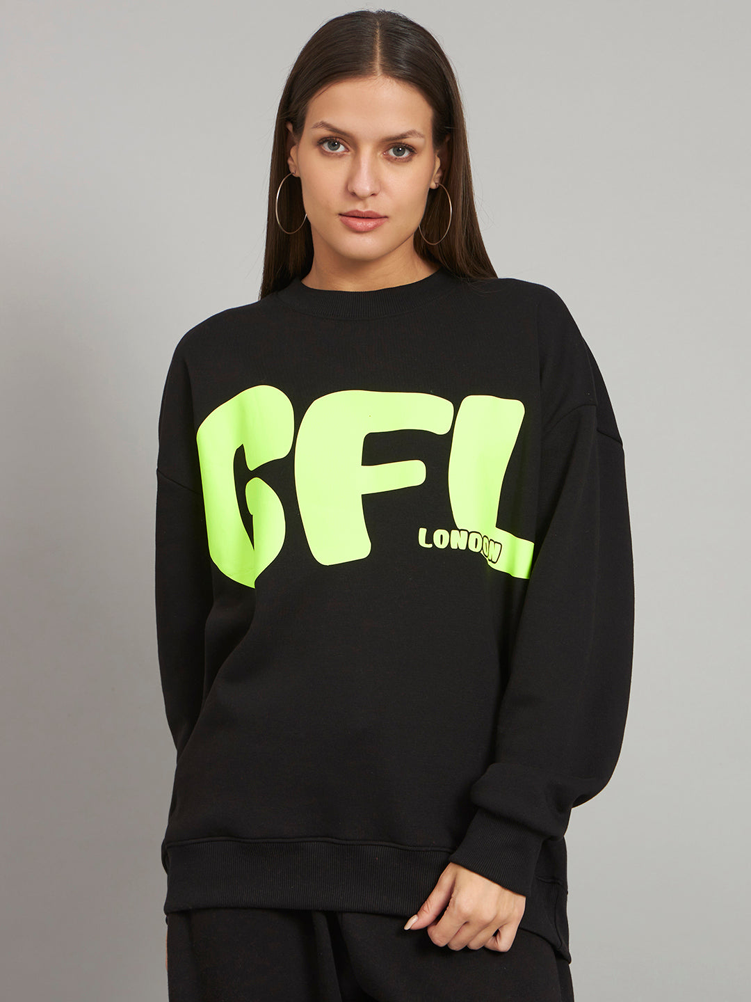 Griffel Women's Black GFL Oversized Round Neck 100% Cotton Fleece Sweatshirt - griffel