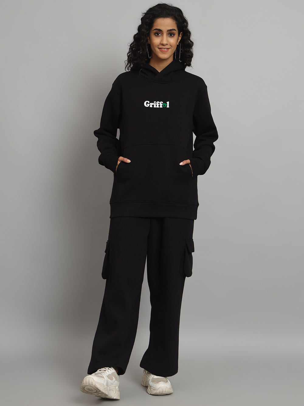 Griffel Women Oversized Fit HOW DO I Print 100% Cotton Black Fleece Hoodie and trackpant - griffel