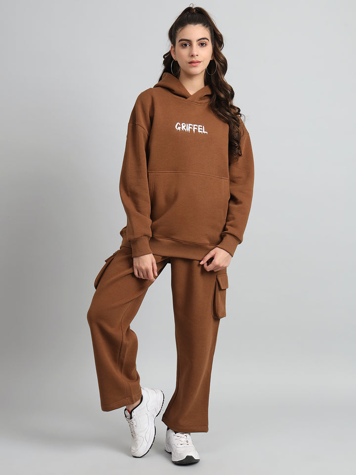 Griffel Women Oversized Fit Bear Family Print Front Logo 100% Cotton Brown Fleece Hoodie and trackpant - griffel
