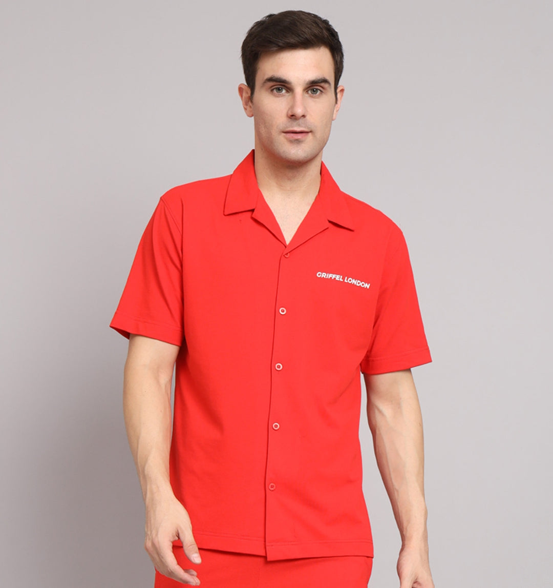GRIFFEL Men Basic Red Regular Fit Cotton Bowling Shirt - griffel
