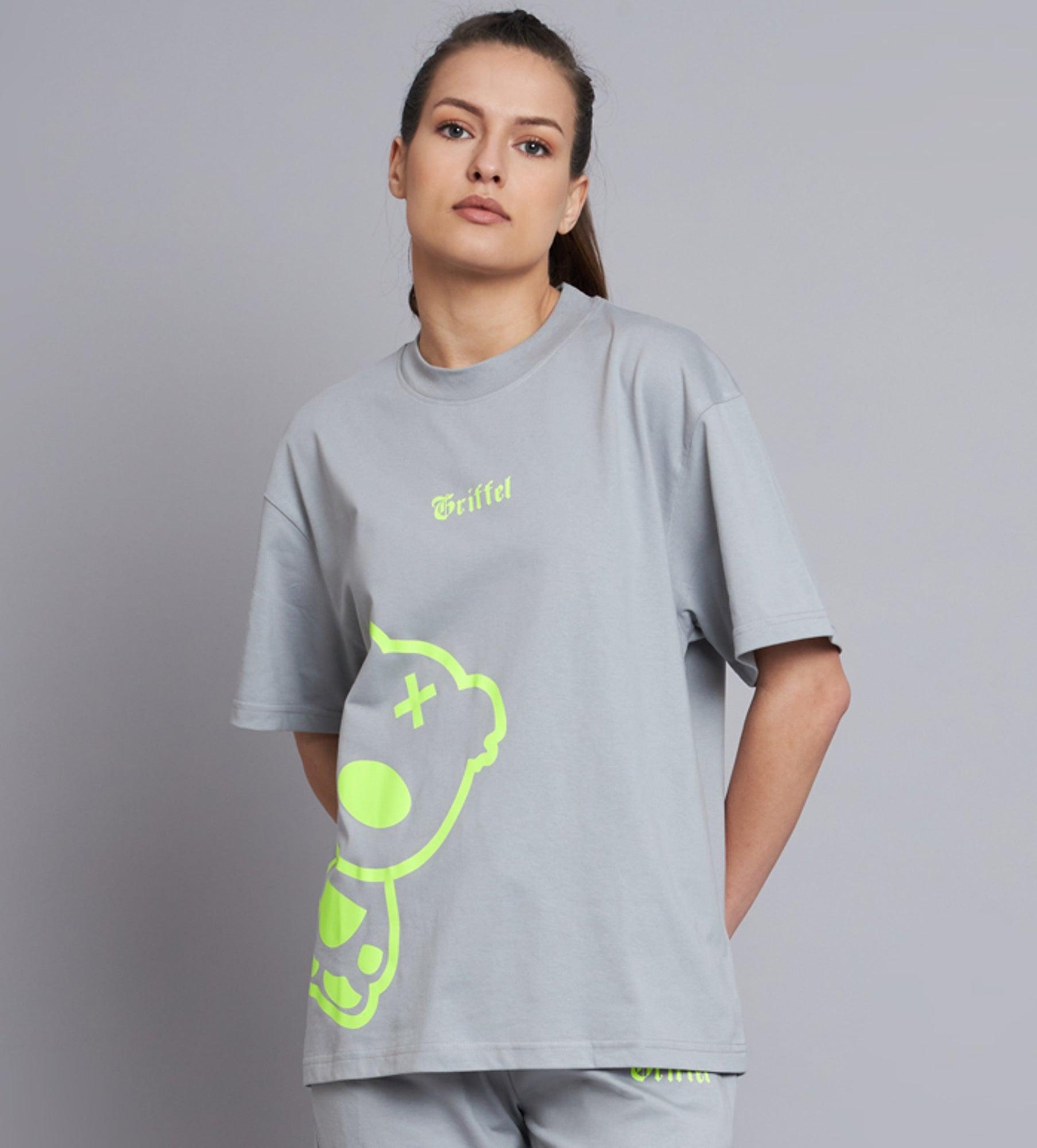 GRIFFEL Women Printed Neon Teddy Oversized Steel Grey T-shirt - griffel