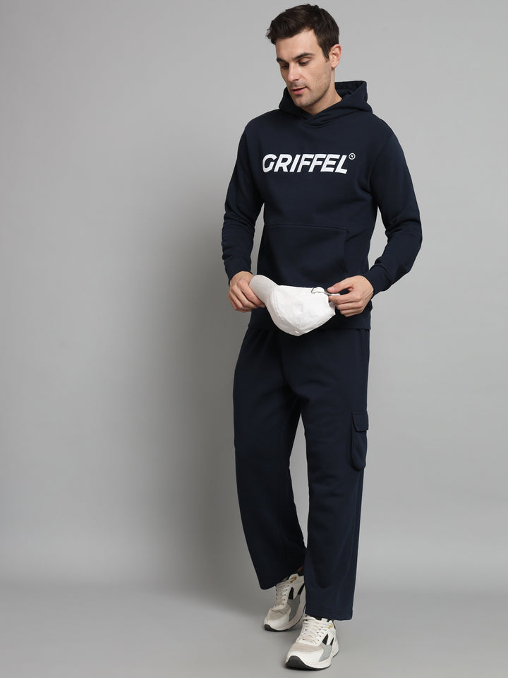 GRIFFEL Men Oversized Fit Fleece 5 Pocket Front Logo Black Trackpants - griffel