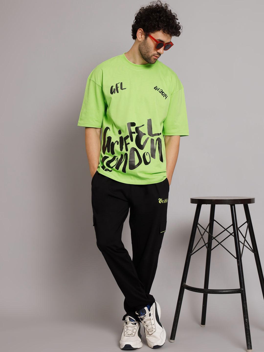 GRIFFEL Men Printed Neon green Oversized Drop Shoulder T-shirt - griffel