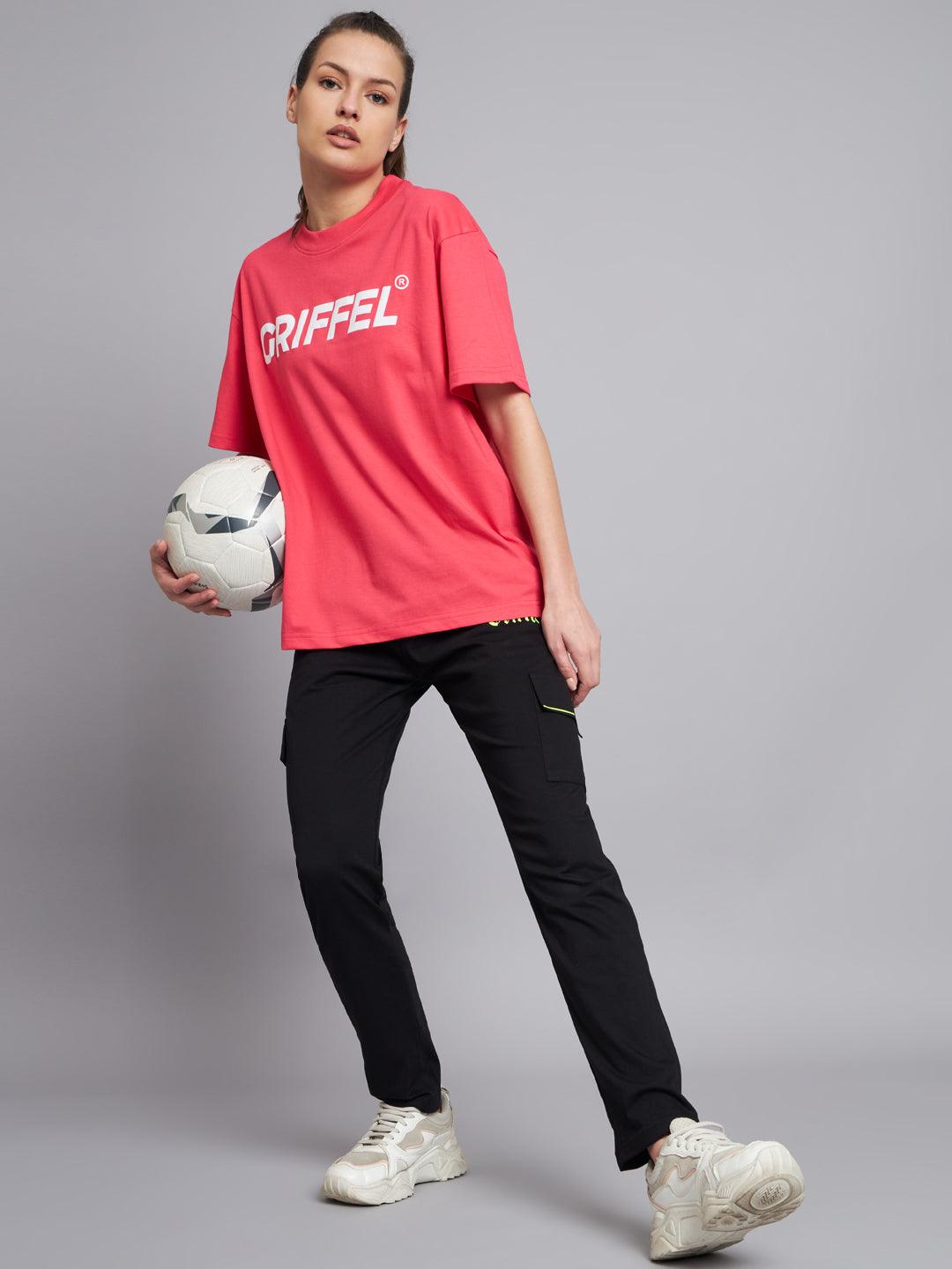 GRIFFEL Women SIGNATURE LOGO Oversized Drop Shoulder Neon Pink T-shirt - griffel