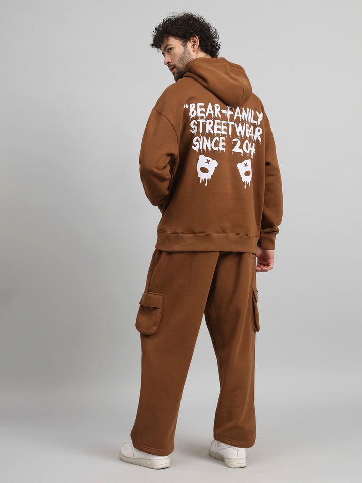 Griffel Men Oversized Fit Bear Family Print Front Logo 100% Cotton Fleece Hoodie and trackpant - griffel