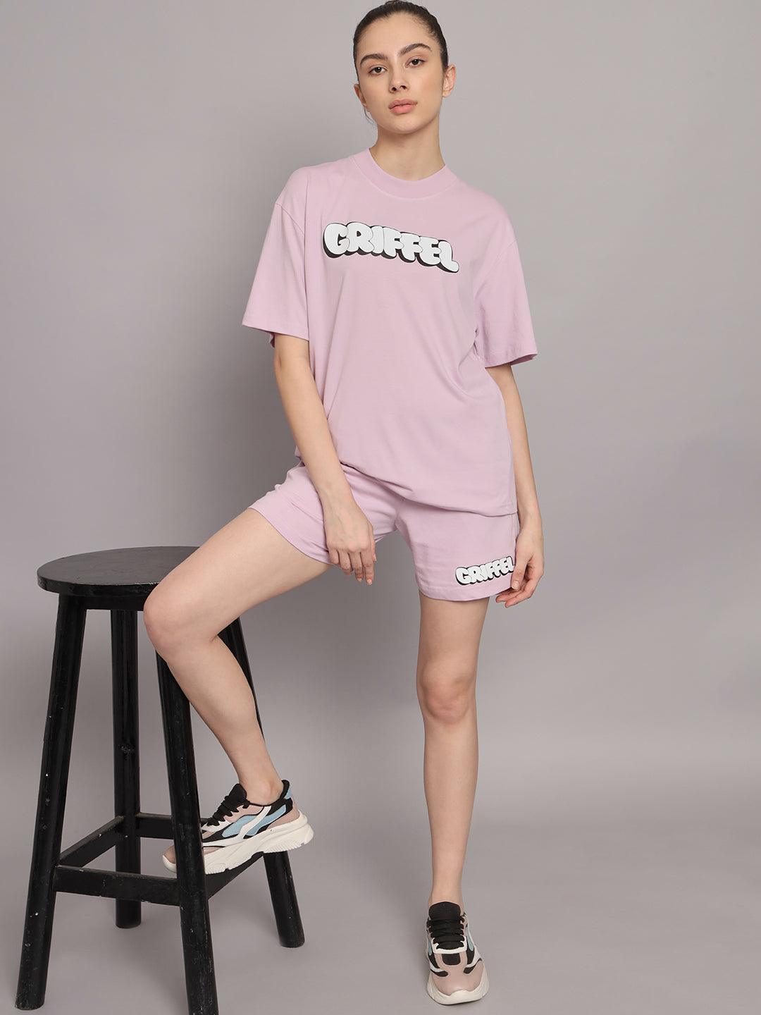 GRIFFEL Women Printed Loose fit Light Purple T-shirt - griffel