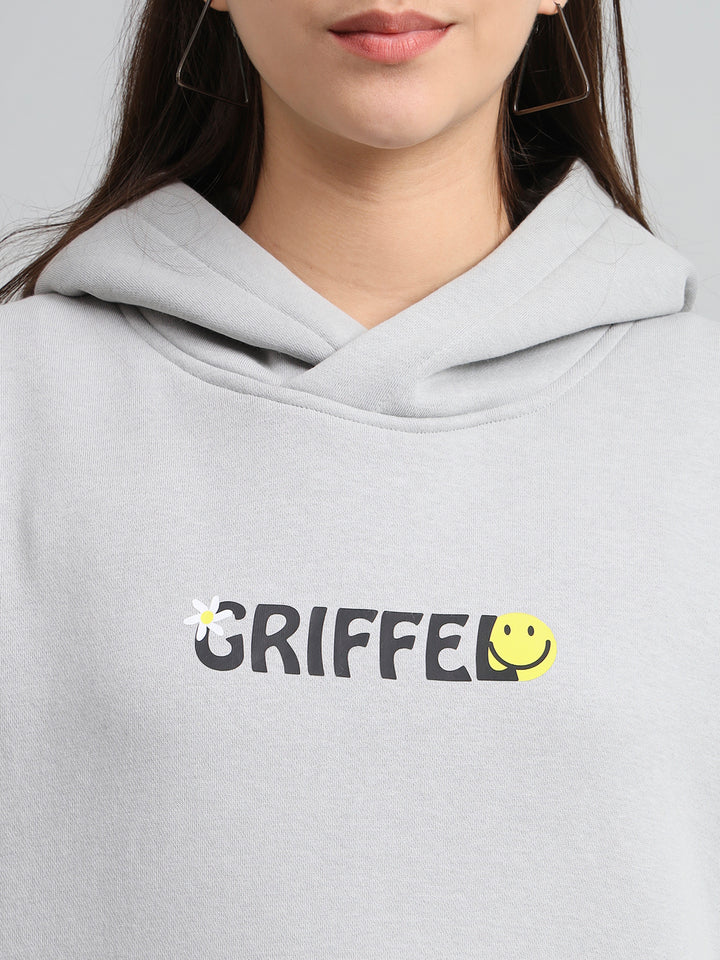 Griffel Women Oversized Fit Chill Vibe Print Front Logo 100% Cotton Steel Grey Fleece Hoodie and trackpant - griffel