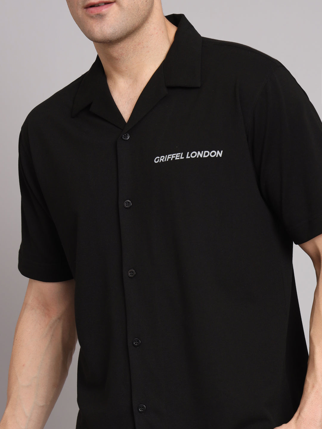 GRIFFEL Men Basic Black Regular Fit Cotton Bowling Shirt - griffel