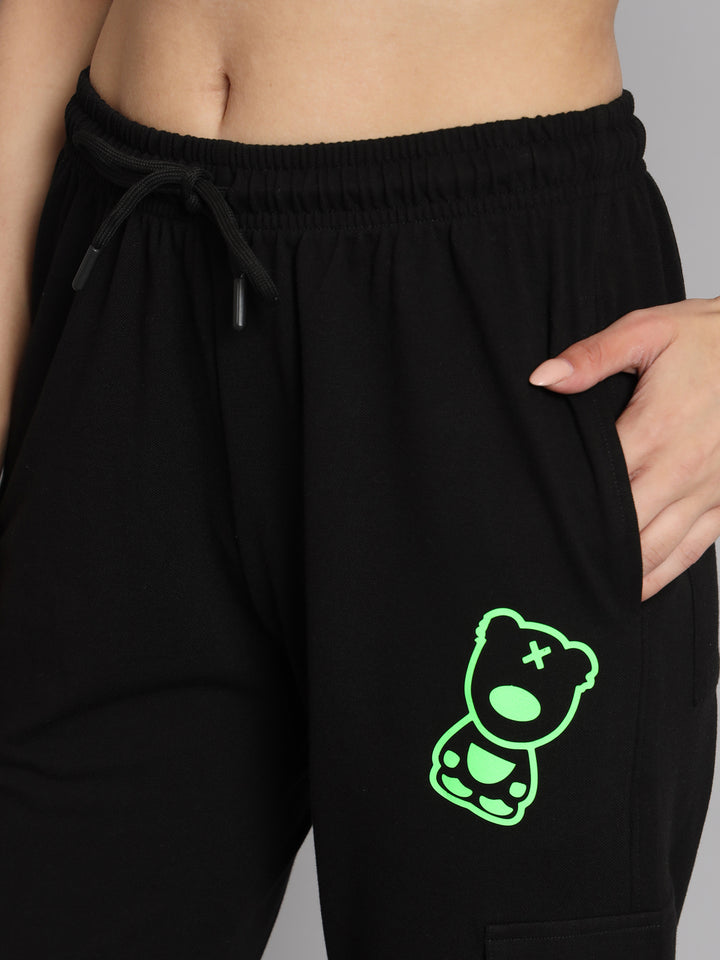 Griffel Women’s Front Teddy Logo 6 Pocket Black Cotton Matty Trackpant - griffel