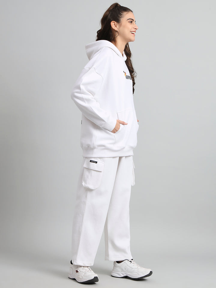 Griffel Women Oversized Fit Flower Print Front Logo 100% Cotton White Fleece Hoodie and trackpant - griffel