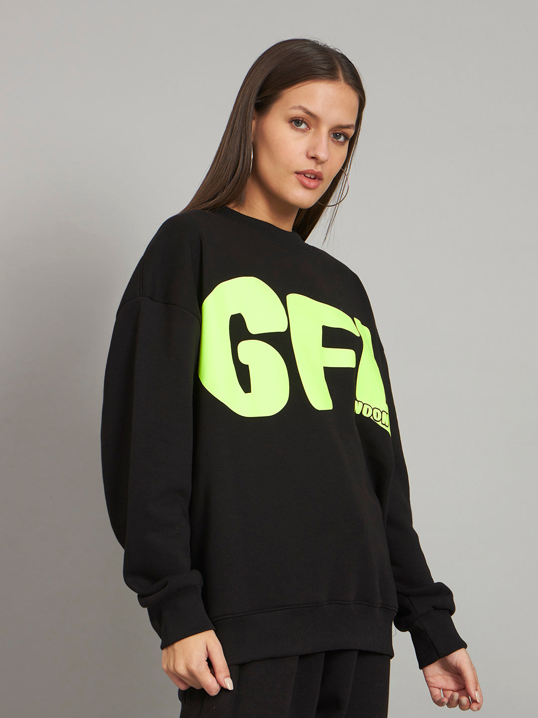 Griffel Women's Black GFL Oversized Round Neck 100% Cotton Fleece Sweatshirt - griffel