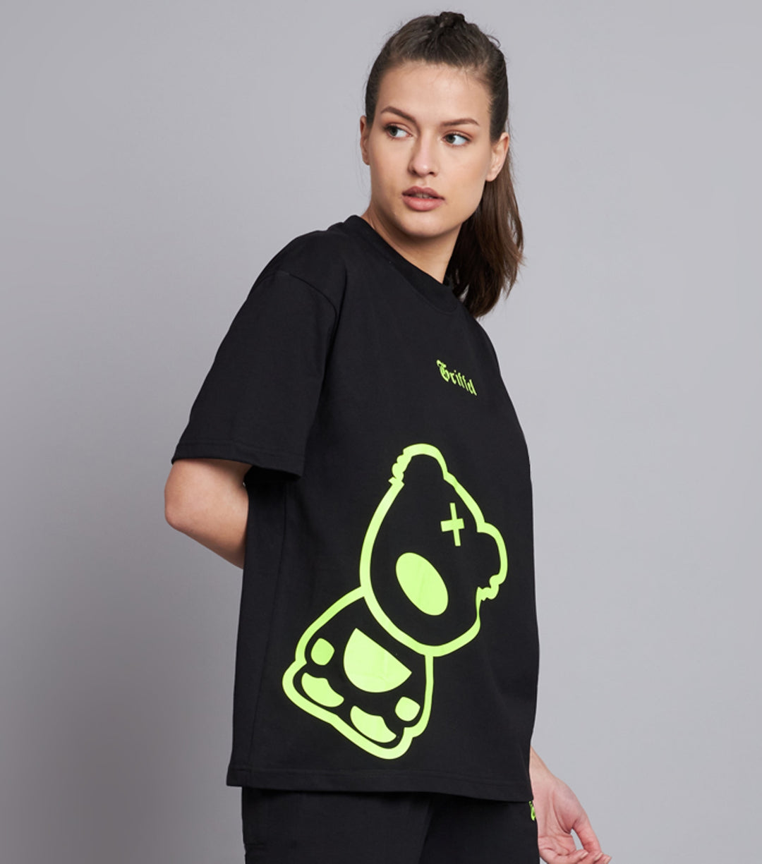 GRIFFEL Women Printed Neon Teddy Oversized Black T-shirt - griffel