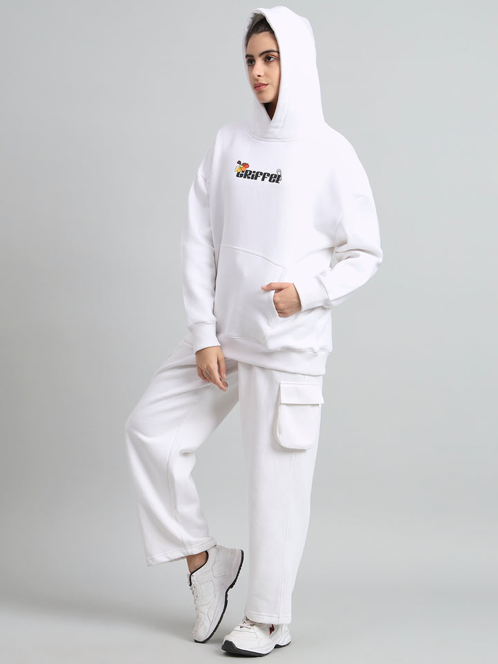 Griffel Women Oversized Fit Flower Print Front Logo 100% Cotton White Fleece Hoodie and trackpant - griffel