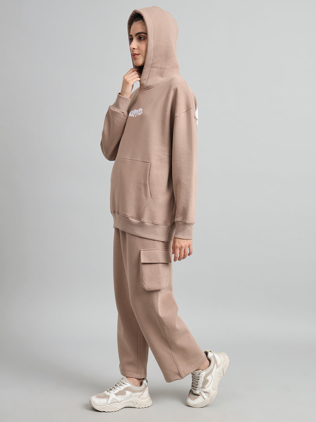 Griffel Women Oversized Fit Absent Minded Print 100% Cotton Camel Fleece Hoodie and trackpant - griffel