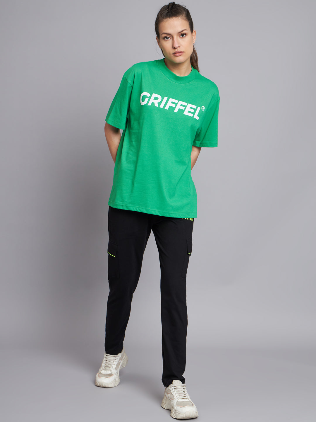GRIFFEL Women Neon Green Printed Oversized Loose fit T-shirt and Trackpant Set - griffel