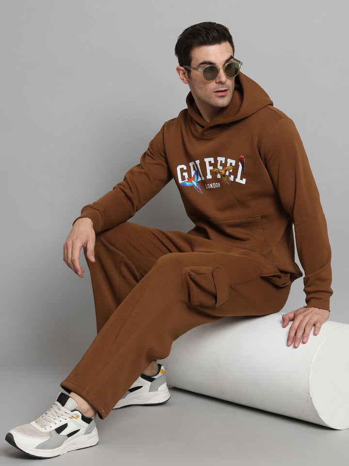 GRIFFEL Men Oversized Fit Fleece 5 Pocket Front Logo Brown Trackpants - griffel